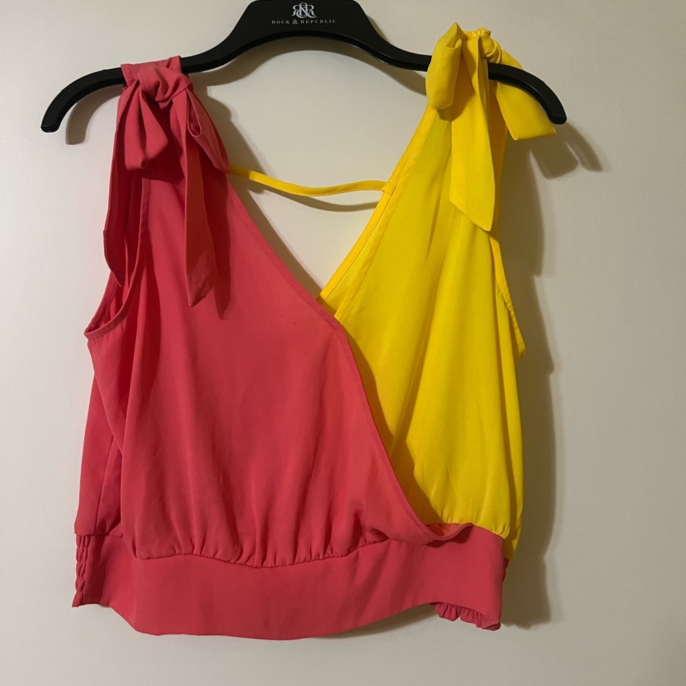 New York & Company Pink and Yellow Blouse with Bow Accents
